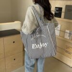 Colorful Stripe Canvas Tote Bag for Women, Large Capacity, Casual Shoulder Handbag, Simple Design - Image 3