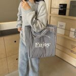 Colorful Stripe Canvas Tote Bag for Women, Large Capacity, Casual Shoulder Handbag, Simple Design - Image 4